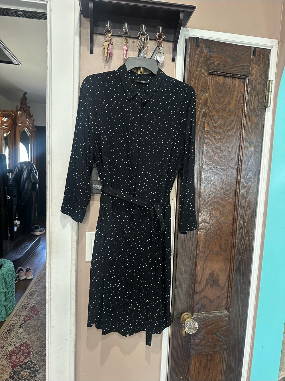 Uniqlo Black Long-Sleeve Belted Midi Dress with White Polka Dot Print